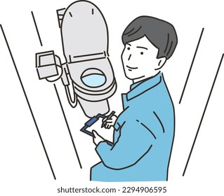 A smiling worker man working in front of a flush toilet