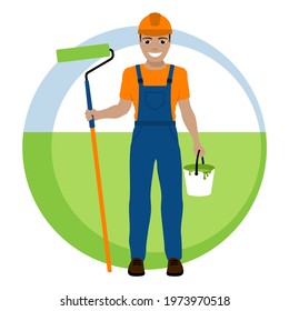 Smiling worker painter in a safety helmet and with a roller. Vector illustration.