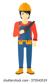 Smiling worker with saw.