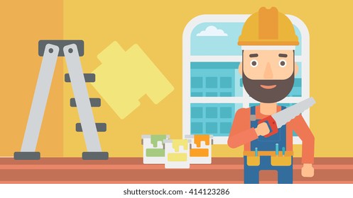 Smiling worker with saw.