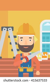 Smiling worker with saw.