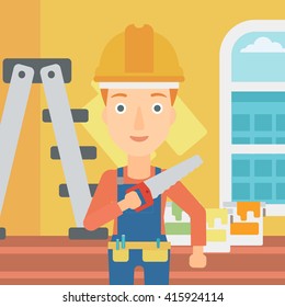 Smiling worker with saw.