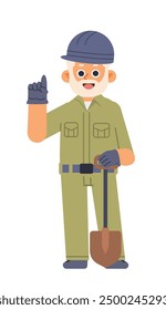 Trabajador sonriente con la pala en el fondo aislado. Ilustración de personaje de dibujos animados