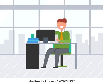 Smiling worker sitting at desktop with papers and computer. Employee character communication with pc on workplace, building view from window vector