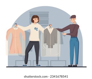 Smiling worker talking with client and giving clean clothes. Dry cleaning concept. Consultations for clients concept. Flat vector illustration in cartoon style in blue colors