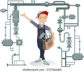 Trabajador sonriente con una ilustración de bolsa de herramientas. Caricatura alegre mecánico o plomero con una gran bolsa llena de instrumentos en el hombro repara una construcción de tubería aislada en blanco 
