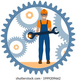 Lächelnder Arbeiter dreht die Mutter des Gangmechanismus mit einem Schlüssel. Vektorgrafik.