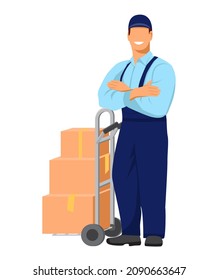 El sonriente uniformado se para al lado del tranvía y le pone las manos en el pecho. Las cajas de embalaje de cartón están en el carro. Reubicación. Empresa de transporte. Ilustración vectorial.