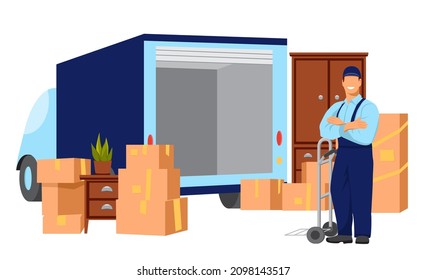 El sonriente uniformado se para al lado del tranvía y le pone las manos en el pecho. Cajas de cartón, mobiliario y camión al fondo. Reubicación. Empresa de transporte. Ilustración vectorial.