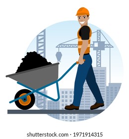 Smiling worker with a wheelbarrow works at a construction site. Vector illustration.