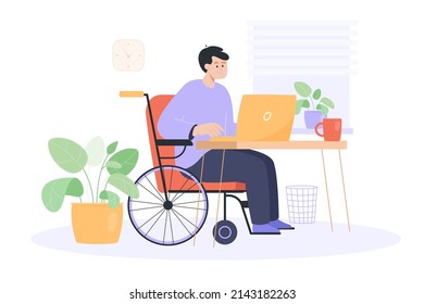 Smiling Worker In Wheelchair Working At Computer At Workplace. Man With Physical Disability, Home Office Flat Vector Illustration. Accessibility, Remote Work, Occupation Concept For Banner