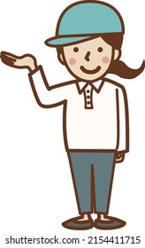 A smiling worker woman wearing a hat raising her hand.