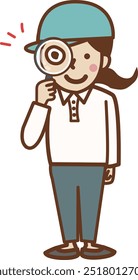A smiling worker woman wearing a hat and holding a magnifying glass.