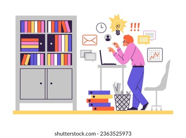 Smiling working woman, multitasking flat style, vector illustration isolated on white background. Decorative design element, workaholic character, messages signs. Deadline and time management
