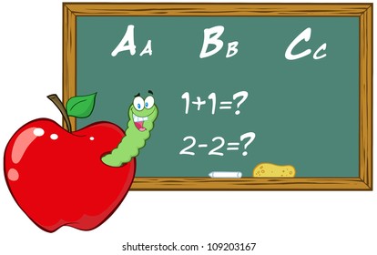Smiling Worm In Apple In Front Of School Chalk Board