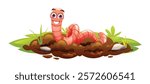 Smiling worm on soil surrounded by grass and small rocks. Vector cartoon illustration