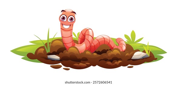 Smiling worm on soil surrounded by grass and small rocks. Vector cartoon illustration