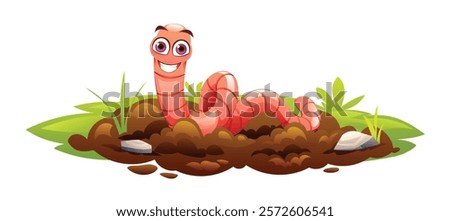Smiling worm on soil surrounded by grass and small rocks. Vector cartoon illustration