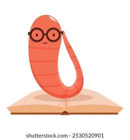 Smiling worm wearing glasses is reading a book, isolated on a white background