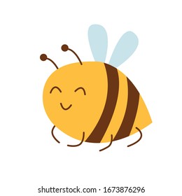 Smiling yellow bee with brown stripes and light blue wings. Simple flat cartoon style. Cute and funny. Easter holiday decoration. For kids. For children. For postcards, scrapbooking and textile
