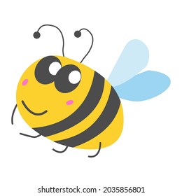 Smiling yellow bumblebee with gray stripes and light blue wings. Simple flat cartoon style. Cute and funny. Summer or spring. For kids. For post cards, posters, scrapbooking, stationery and textile