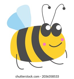Smiling yellow bumblebee with gray stripes and light blue wings. Simple flat cartoon style. Cute and funny. Summer or spring. For kids. For post cards, posters, scrapbooking, stationery and textile