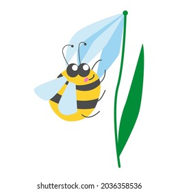 Smiling yellow bumblebee sitting on bell flower. Simple flat cartoon style. Cute and funny. Summer or spring. For kids. For post cards, posters, scrapbooking, stationery and textile
