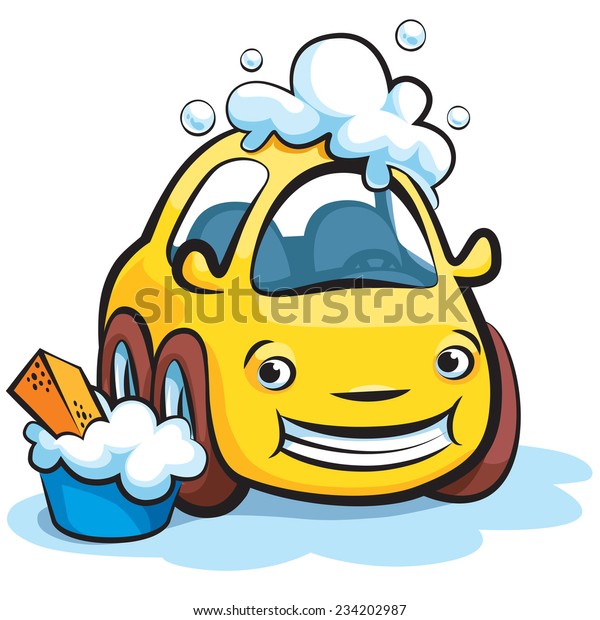 Smiling\
Yellow Car Wash Cartoon Illustration\
Vector