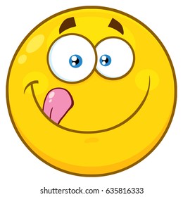Smiling Yellow Cartoon Emoji Face Character Licking His Lips. Vector Illustration Isolated On White Background