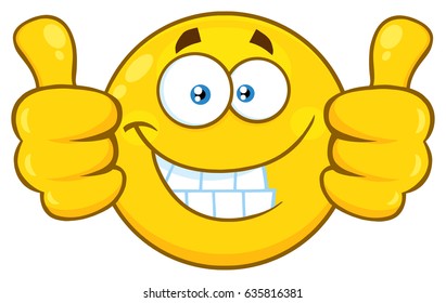 Smiling Yellow Cartoon Emoji Face Character Giving Two Thumbs Up. Vector Illustration Isolated On White Background