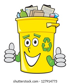 A smiling yellow cartoon recycling bin giving two thumbs up.