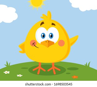 Smiling Yellow Chick Cartoon Character Waving For Greeting. Vector Illustration Flat Design With Background