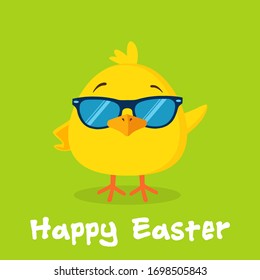 Smiling Yellow Chick Cartoon Character With Sunglasses Waving For Greeting. Vector Illustration Flat Design With Background And Text Happy Easter