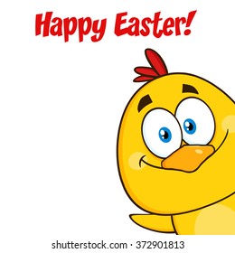 Smiling Yellow Chick Cartoon Character Peeking Around A Corner With Text. Vector Illustration Isolated On White