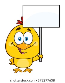 Smiling Yellow Chick Cartoon Character Holding A Blank Sign. Vector Illustration Isolated On White