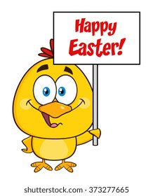 Smiling Yellow Chick Cartoon Character Holding A Happy Easter Sign. Vector Illustration Isolated On White