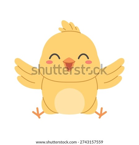 Smiling yellow chick with open wings. Cheerful spring farm baby chicken for Easter