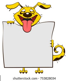 Smiling yellow dog holding blank white sheet of paper banner. Fun dog stick out tongue. Isolated on white vector cartoon illustration