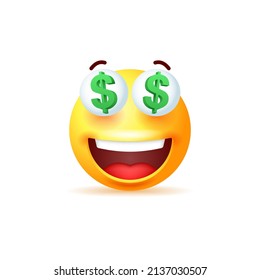 Gelbe Emoji mit Dollar in den Augen, einzeln auf weißem Hintergrund. Vektorgrafik 3D.