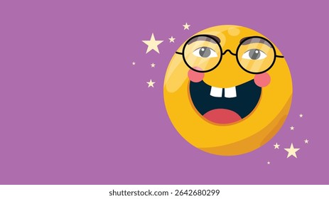 A smiling yellow emoji with glasses and sparkles on a purple background bringing joy to emoji day
