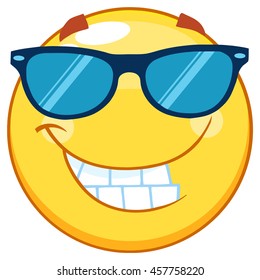 Smiling Yellow Emoticon Cartoon Mascot Character With Sunglasses. Vector Illustration Isolated On White Background