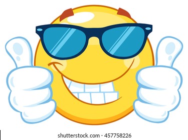 Smiling Yellow Emoticon Cartoon Mascot Character With Sunglasses Giving Two Thumbs Up. Vector Illustration Isolated On White Background