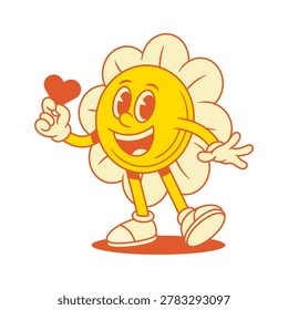 Smiling yellow flower chamomile cartoon character with heart contoured vector flat illustration. Happy cute comic floral blossom summer plant mascot love like amor enamored with positive emotion