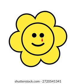 Cara de flor amarilla sonriente con una Pequeña lágrima de sangre, Ilustración vectorial de contorno audaz en estilo de arte pop lindo pero oscuro para pegatinas, ropa y carteles.