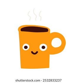 Smiling yellow hot cup of coffee. Cute character. Hand drawn design. Illustration on white background. 