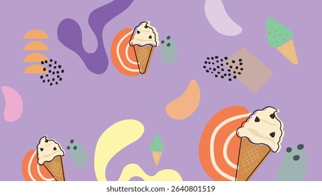 Smiling yellow ice cream cones and popsicles with colorful shapes on sky blue. Great for childrens treats, branding, and joyful themes.
