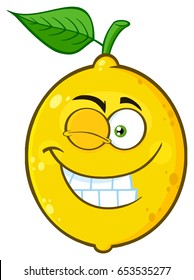 Smiling Yellow Lemon Fruit Cartoon Emoji Face Character With Wink Expression. Vector Illustration Isolated On White Background