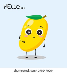 Smiling yellow mango character.  Adorable kawaii illustration, idea for mascot, emoticon, expression, icon, button, cartoon or comic character, element of kids book, science for children