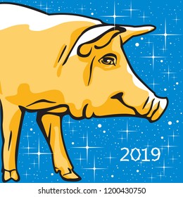 Smiling yellow pig and stars on blue sky - vector illustration. Color portrait of cheerful animal head with smile in profile, graphic art in cartoon design style. 