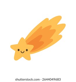 Smiling yellow shooting star with fiery orange trail and glowing design. Fun celestial element for night sky themes and kids’ illustrations.